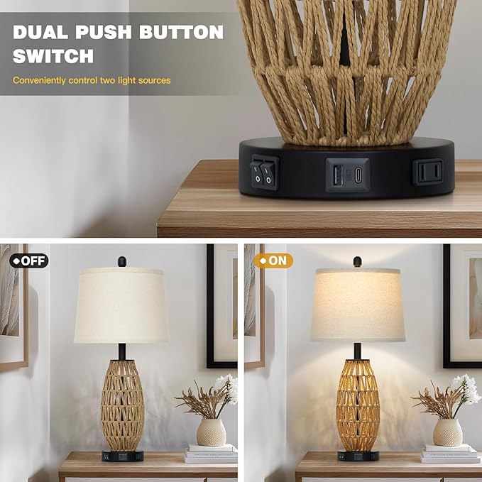 27" Boho Rattan Table Lamp with Night Light, Wicker Bedside Lamp with USB A+C Charging Port & AC Outlet, Woven Coastal Bedroom Lamps for Nightstand, Tall Farmhouse Lamps for Living Room Single