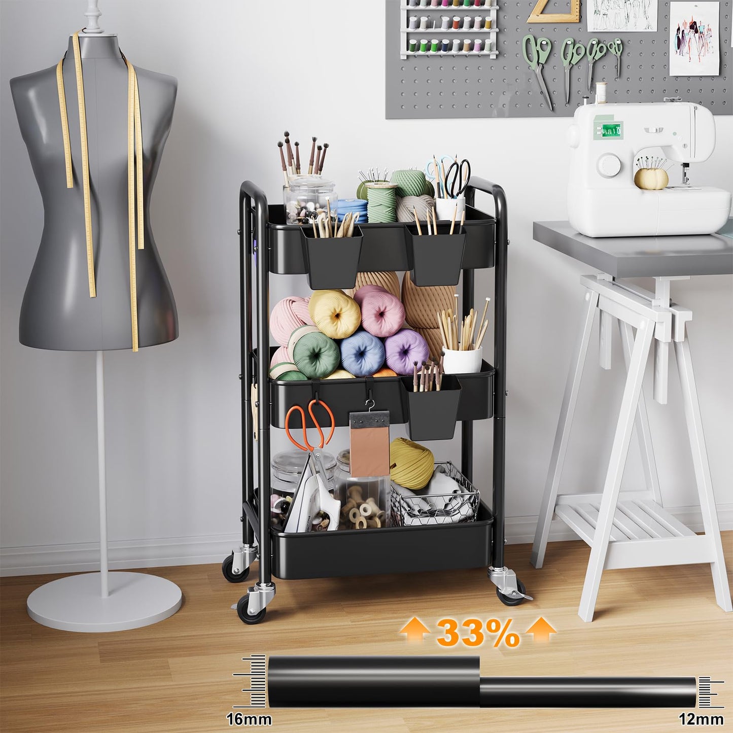 3 Tier Rolling Cart Metal with Wheels, Black Three Tiered Art Cart Organizer on Wheels, Storage Utility Trolley Carts for Kithcen, Craft, Nail, Lash, Makeup, Salon,Bedside, Bathroom, Office, Snack