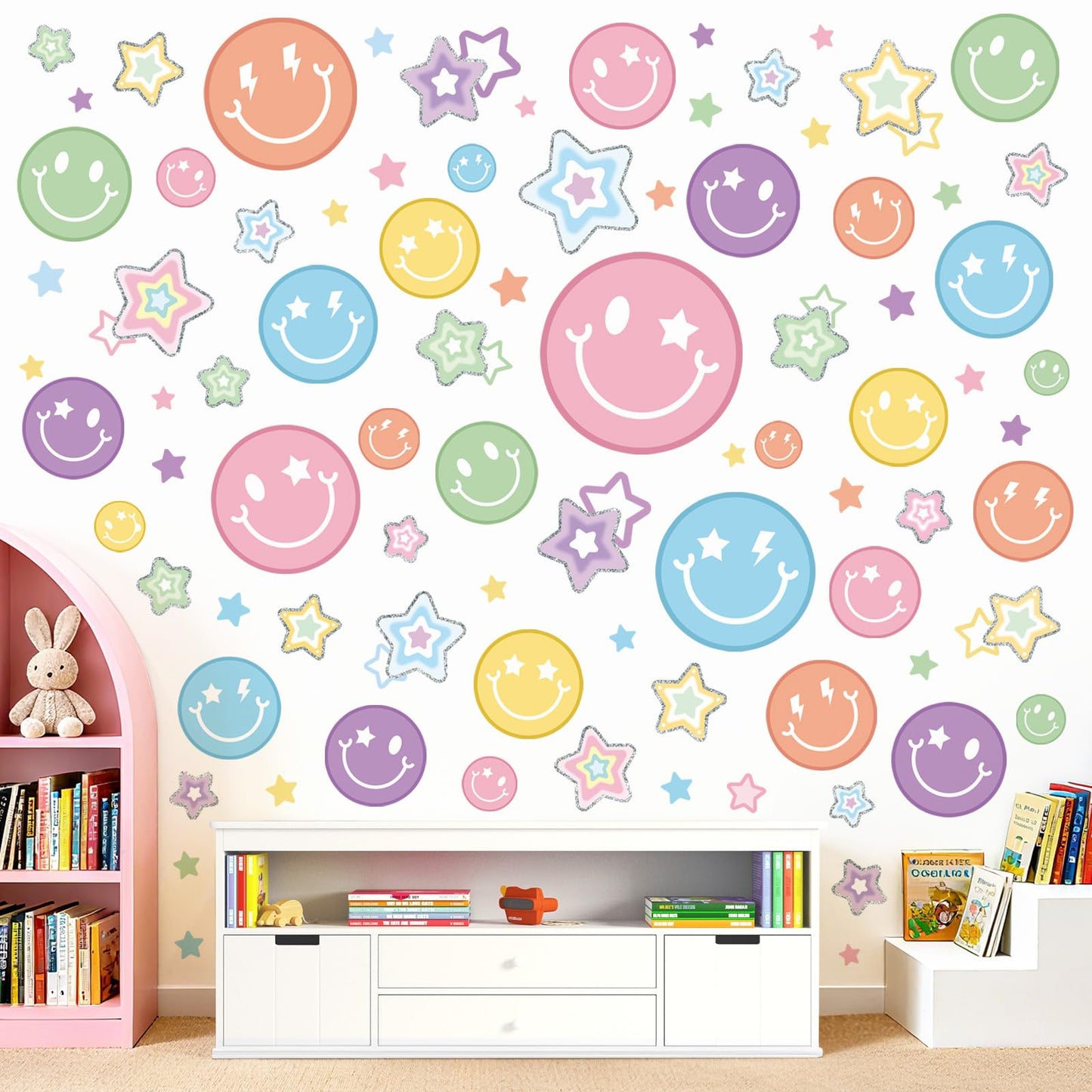 wondever Smile Face Wall Stickers Preppy Colorful Happy Face Star Peel and Stick Wall Art Decals for Party Home Nursery Kids Bedroom