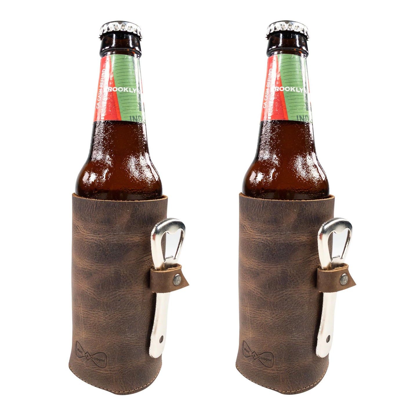 Hide & Groom, Set of 2 Bottle Sleeves with Bottle Opener Slot for Weddings, Best Man Accessories, Rustic Covers for Standard Bottles, Collapsible, Full Grain Leather, Handmade, Bourbon Brown