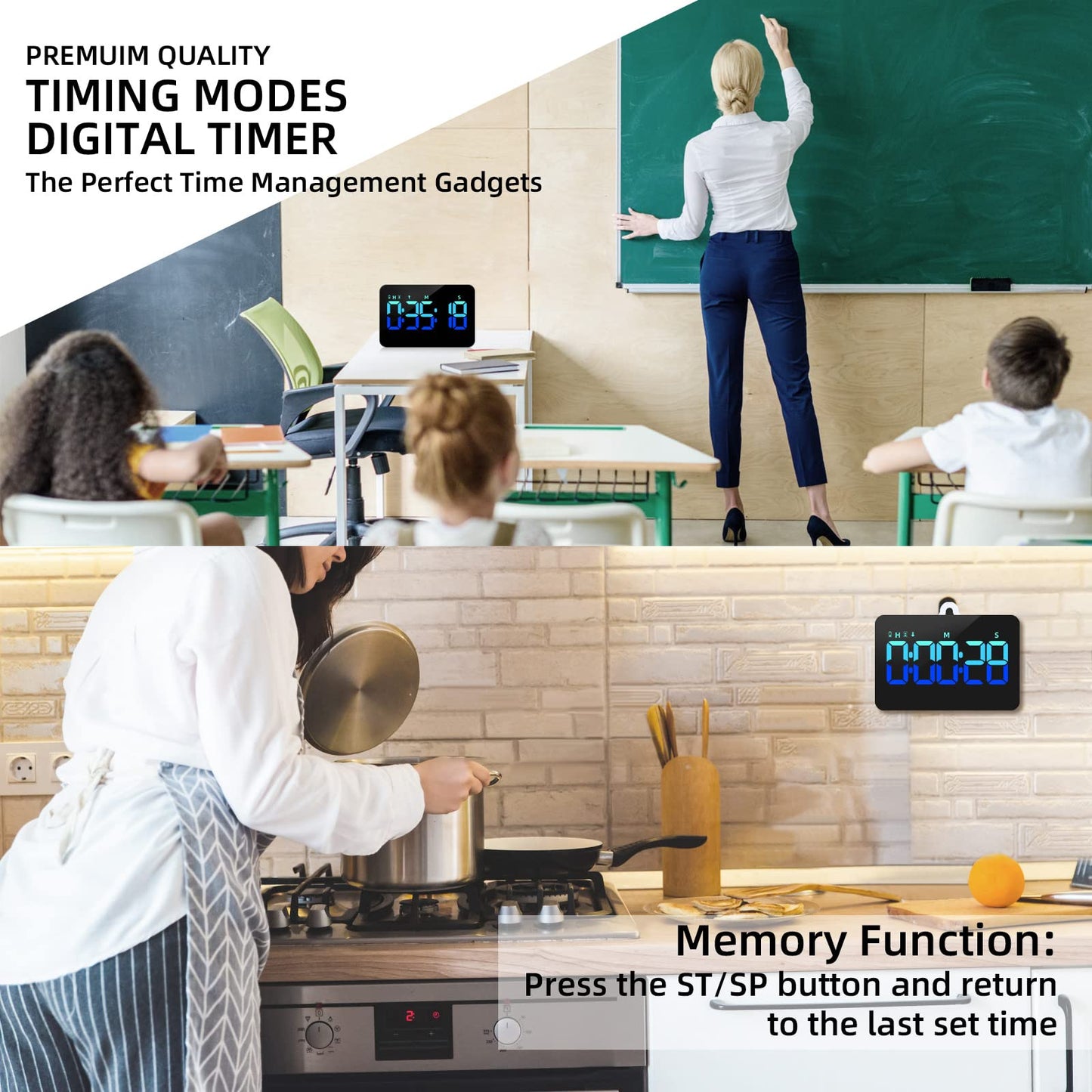 PERSUPER Kitchen Digital Timer, Count Down Up, Rechargeable, Vibration Mode Adjustable Volume and Brightness LED Display, Time Management Cook, Desk, Kids Adults Study Teaching, Kitchen Gadgets Blue