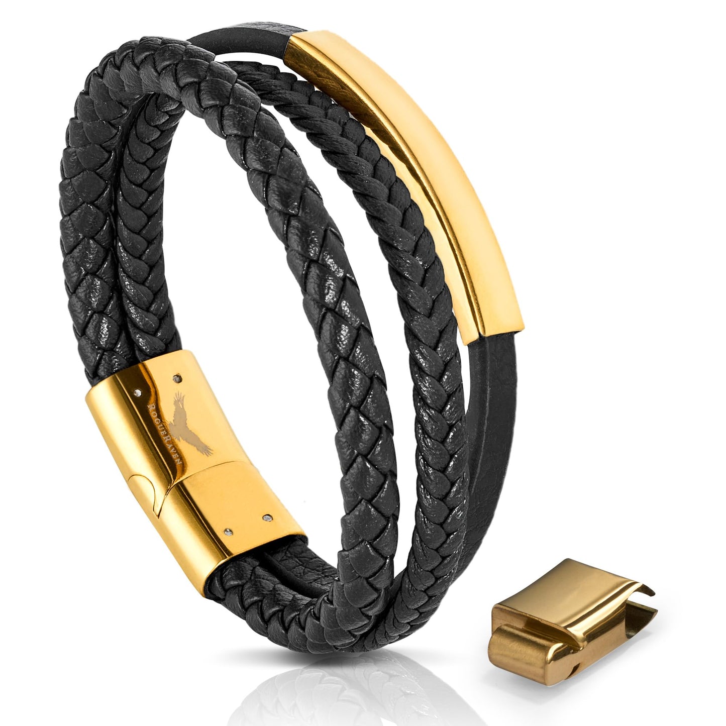 RogueRaven Black Leather Bracelet for Men – Premium Collection – Brown Black Gold Silver | Genuine Leather Mens Bracelet with Stainless Steel Clasp [Adjustable] | In Luxury Gift Box