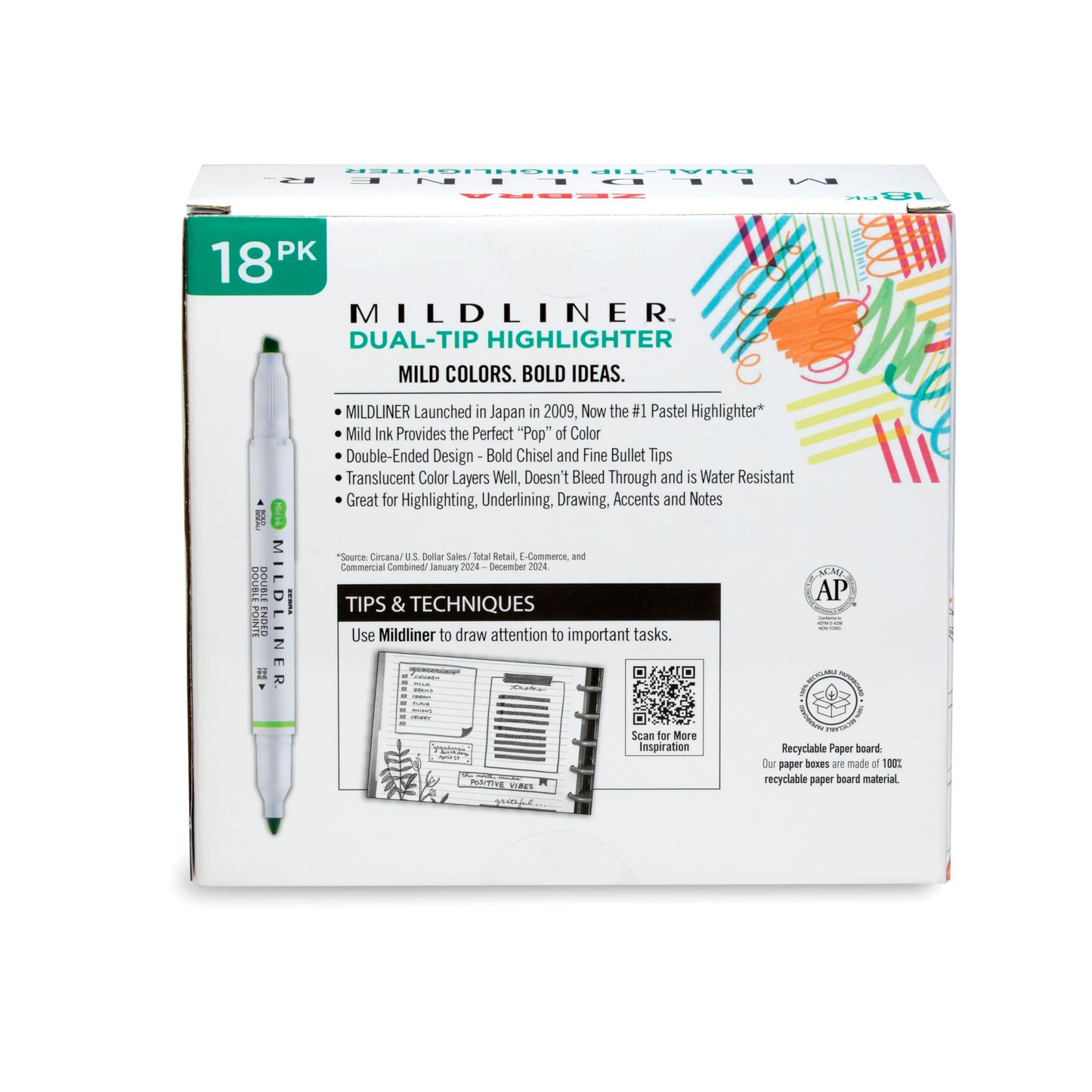 Zebra Pen Mildliner Double-Ended Highlighter Set, Broad and Fine Point Tips, Ideal for Bible Highlighting, No Bleed, 18 Pastel and Neutral ink Colors, Pack of 18