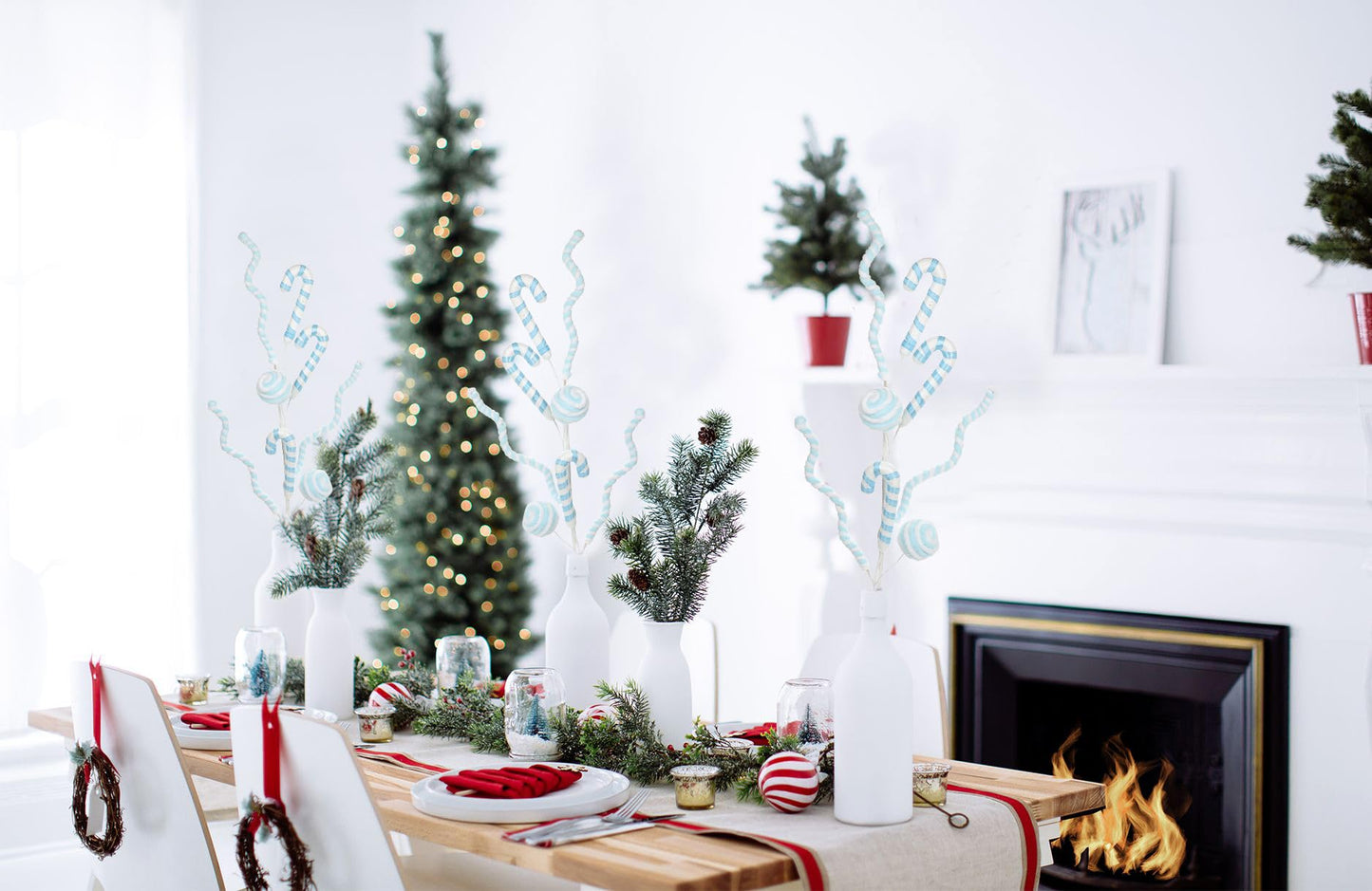 Briful 3PCS Christmas Striped Candy Cane Picks Spray, 27.5in Blue & White Candy Cane Christmas Tree Ornaments for Xmas Wreaths Holiday Vase Arrangements