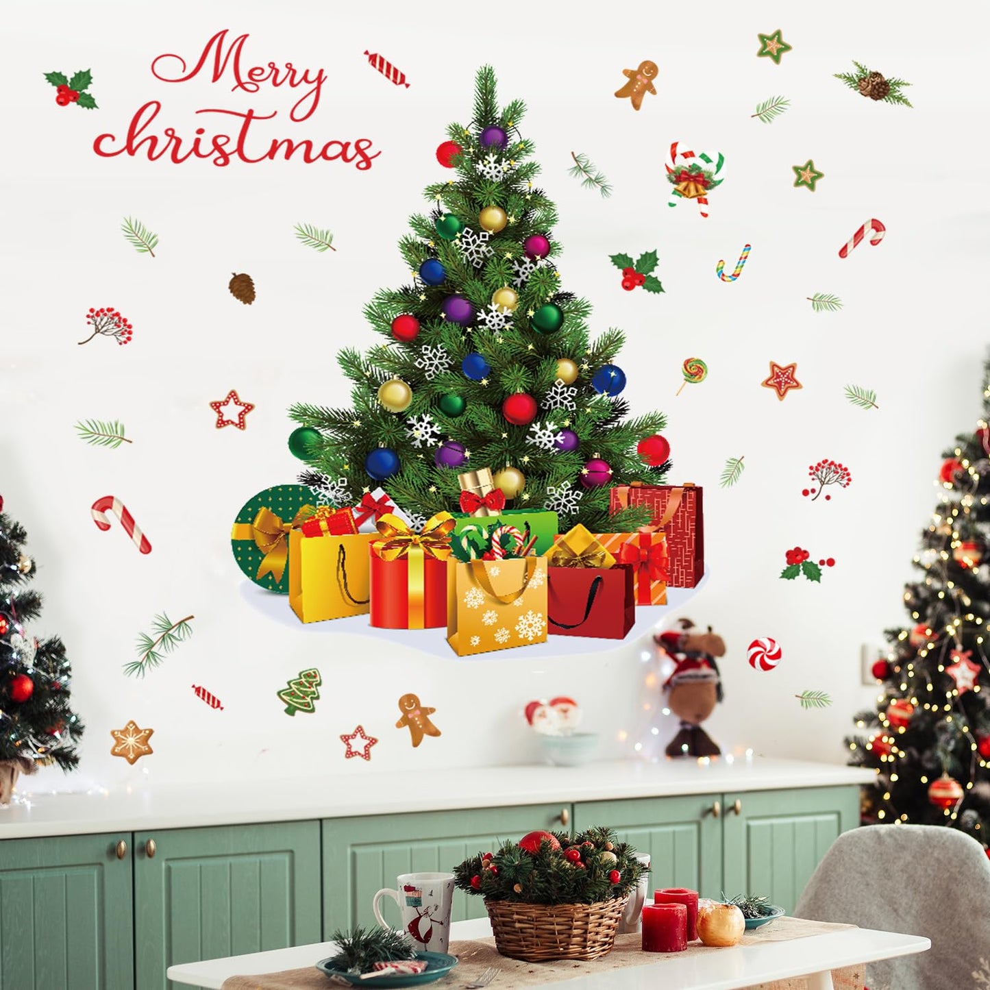 Amtoodopin Large Christmas Tree Wall Decals Xmas Pine Tree Wall Stickers Merry Christmas Quote Window Clings Peel and Stick Removable Vinyl DIY Wall Art for Nusery Playroom Bedroom