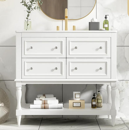 Virubi 36'' Bathroom Vanity with Single Sink, Freestanding Sink Cabinet with 4 Drawers and Open Shelf, Solid Wood Frame Bathroom Storage Cabinet