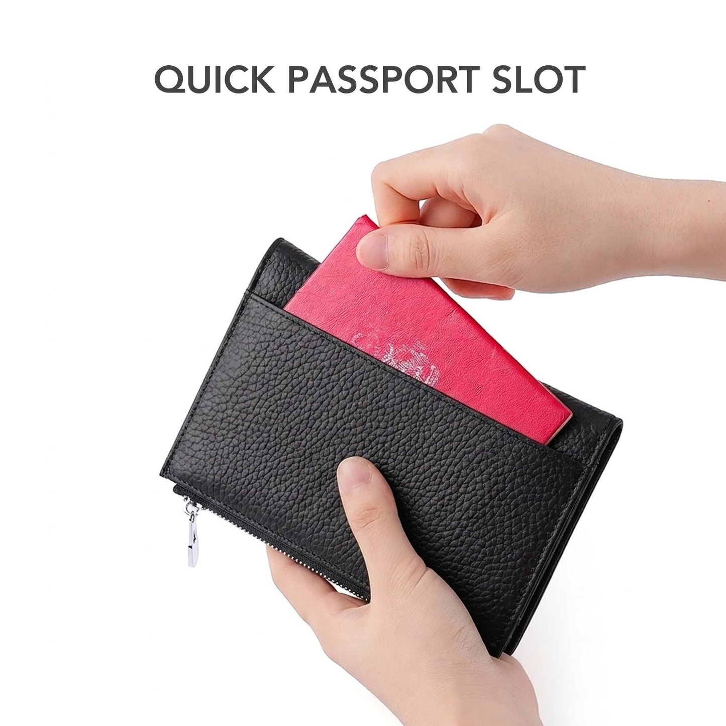 Genuine Leather Passport Holder for International Travel, RFID Blocking Compact Travel Wallet with Card Slots, Zipper Coin Pocket and SIM Slots, Slim Passport Cover Case, Black