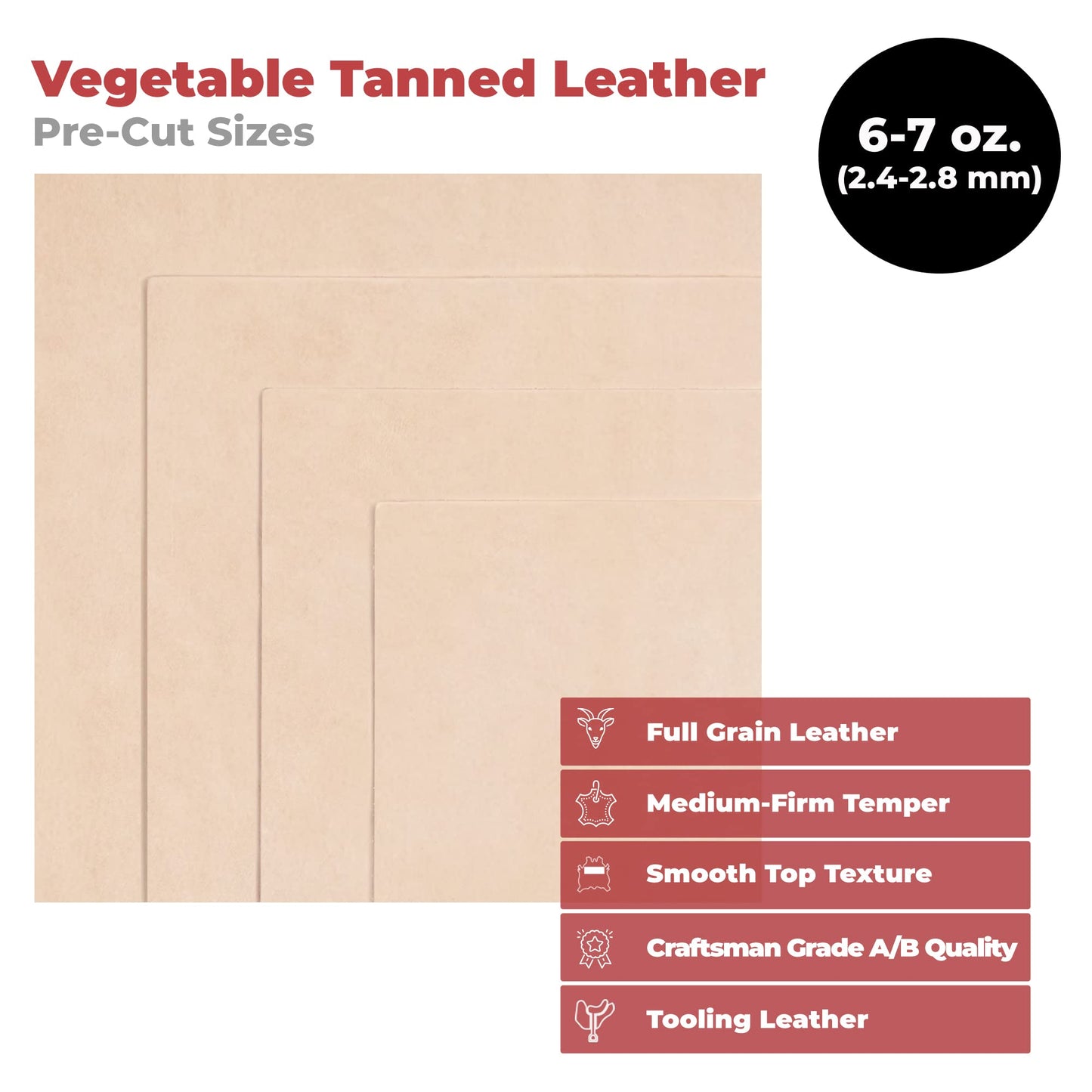 ELW Tooling Leather Vegetable Tanned 6-7 oz. (2.4-2.8mm) Heavy Thickness Weight Size: 12"x24" | Pre-Cut Leather Sheets 6" to 48" Cowhide Sheets Shoulder & Sides in Full Grain Leather for Stamping