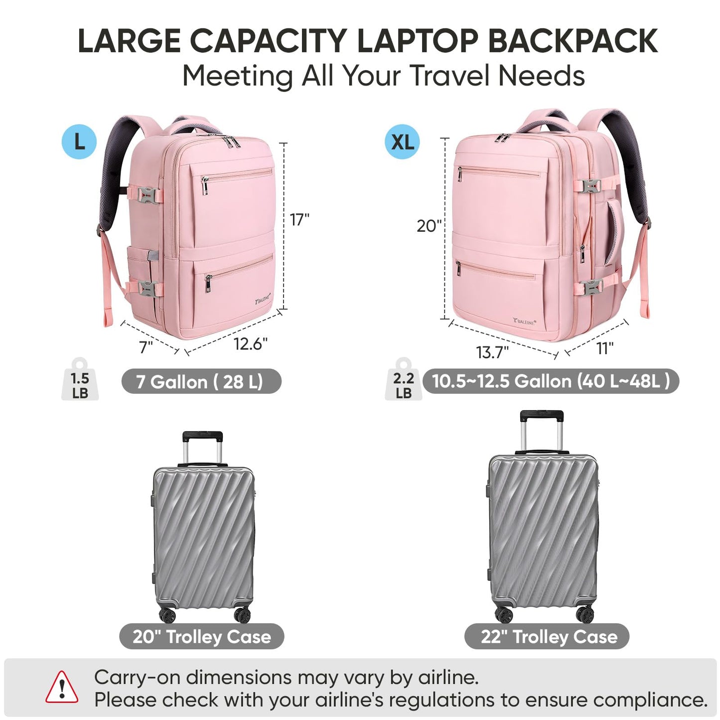 BALEINE Travel Backpack for Women Men, Large Sturdy Carry On Laptop Backpack Gifts for Business, Casual, Weekender, Hiking (Large, Pink)