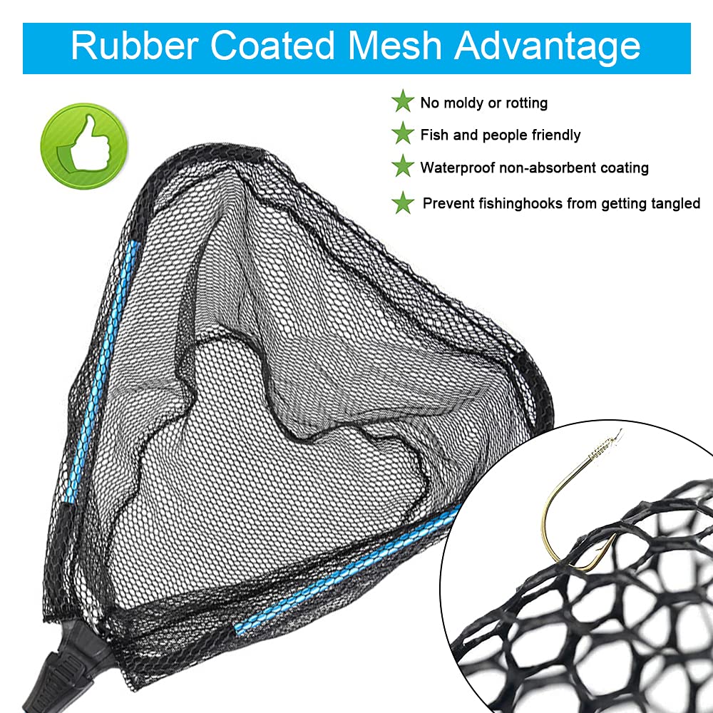 LBW Collapsible Rubber Fishing Net with Handle, Folding Kayak Net for Freshwater or Saltwater, Portable Landing Net for Trout, Catfish, Bass