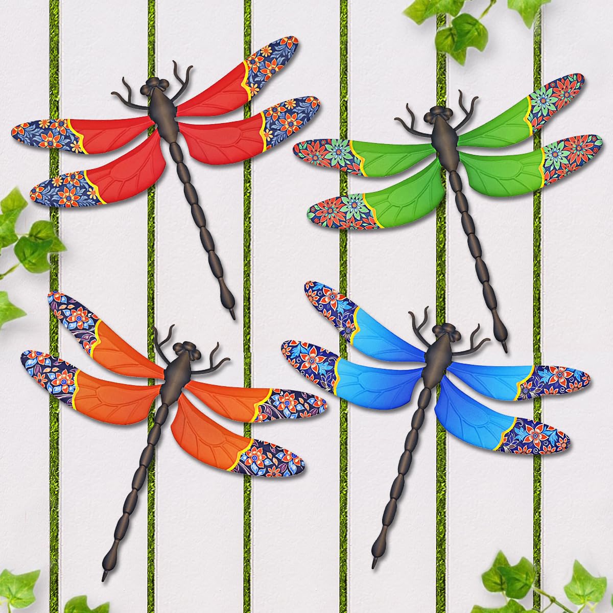Metal Dragonfly Wall Decor, 4 Pack 13 inch Metal Dragonflies Wall Art Hanging Sculpture Decorations for Outdoor, Yard Patio Fence Garden Outside Decor