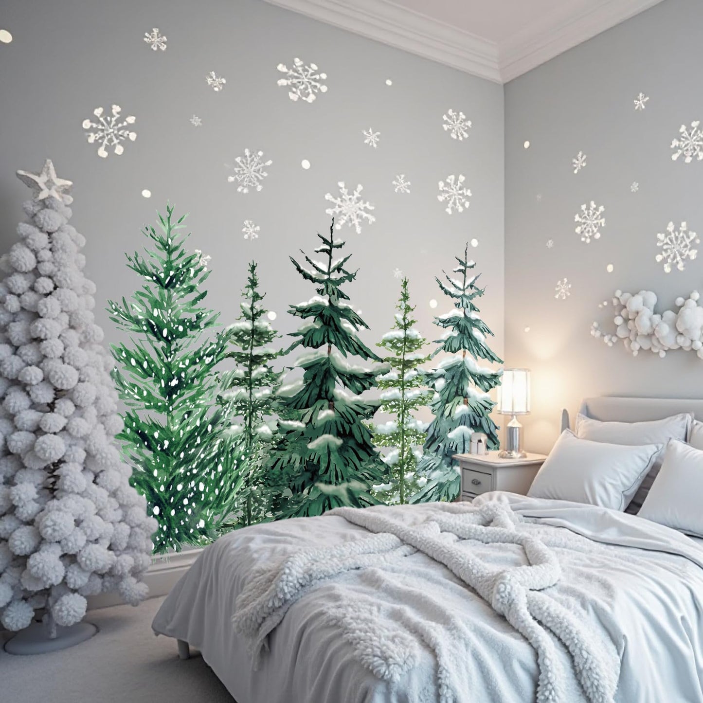 JarThenaAMCS 6 Sheets 35.4 x 71 Inch Winter Christmas Wall Stickers Snowy Forest Pine Tree Wall Stickers Peel and Stick Large Room Mural Decals for Xmas Home Party Decoration