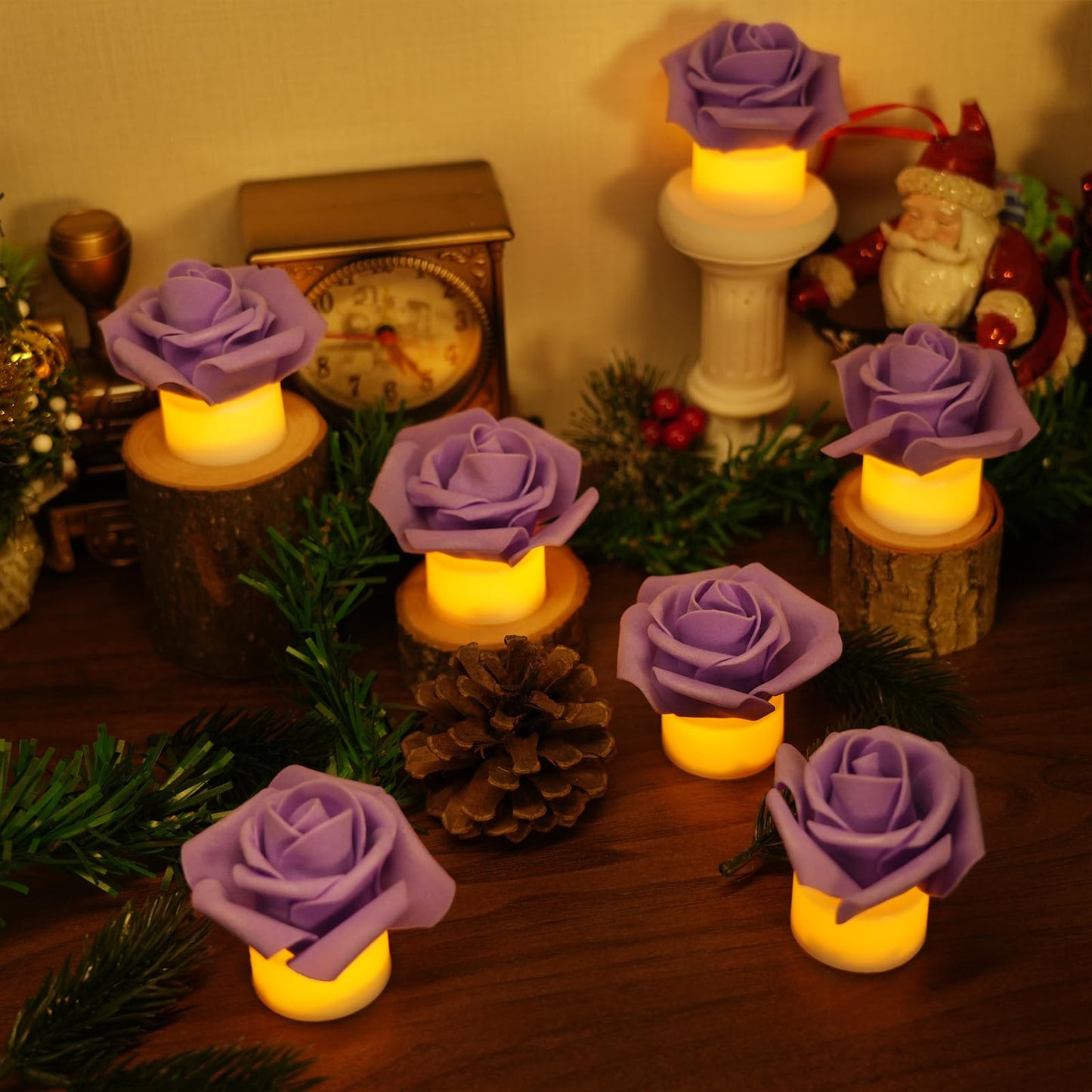 SupBri 12 Pack LED Tea Lights Candles with Artificial Rose Petals, Romantic Flameless Battery Operated Candles for Valentines Wedding Proposals Christmas Decor (Purple)