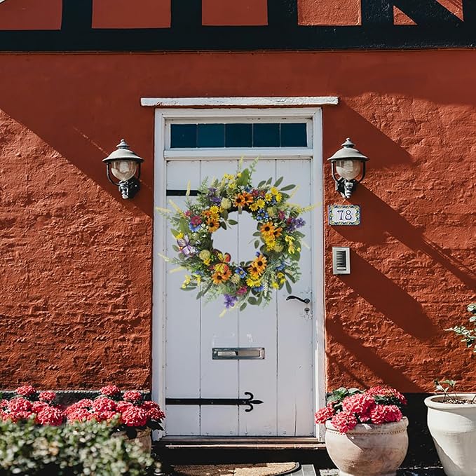 22 Inch Spring Summer Wreath for Front Door,Sunflower and Daisy with Eucalyptus Leaves,Mixed Flower,Fairy Lights,Artificial Wreath for Front Door Spring Outdoor Home Decor Easter Decor