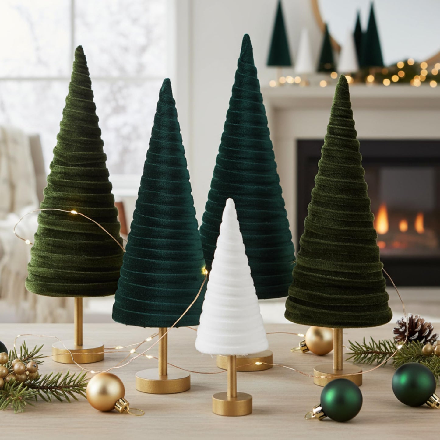 Hoolerry 6 Pcs Christmas Velvet Trees with Gold Pedestal Christmas Velvet Cones Tree Mantel Decor Modern Rustic Winter Home Minimalist for Holiday Entryway Table Wedding Centerpiece (Forest Green)