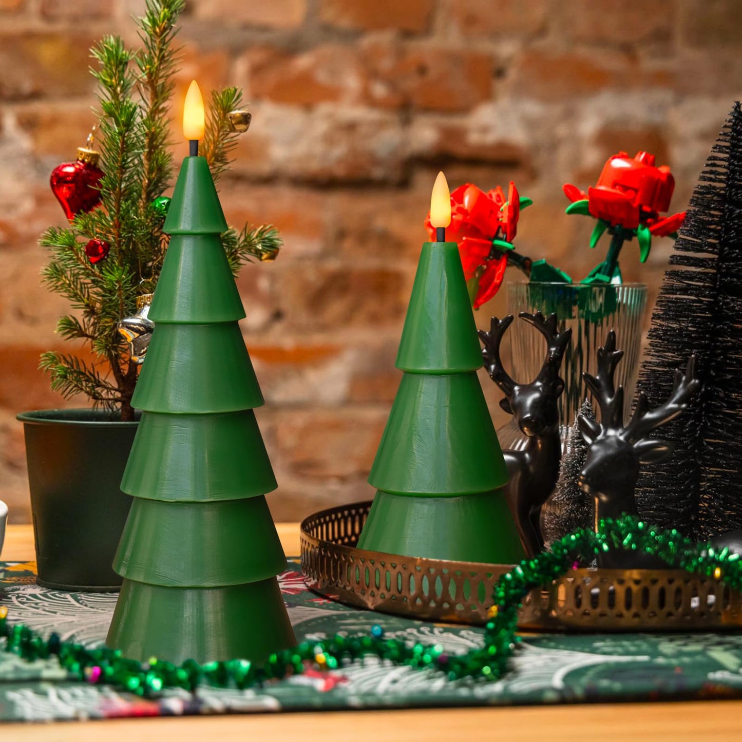 Yongmao Christmas Tree Shaped Flickering Flameless Candles, Green Real Wax Battery Operated LED Candles with Timer for Home Party Table Decoration Christmas Gift Set of 2