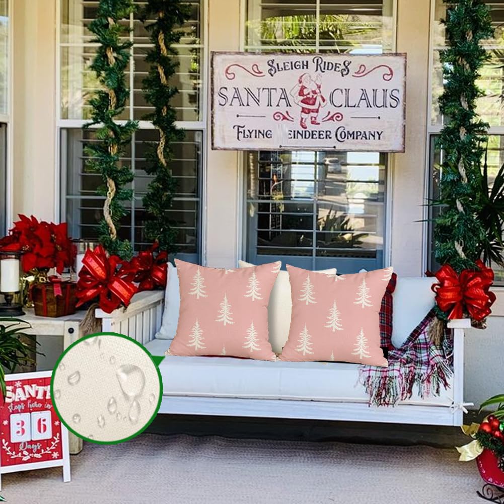 RABUSOFA Christmas Pillow Covers 18x18 inch Set of 2 Indoor Outdoor Waterproof Blush Christmas Decor Tree Decorative Throw Cushion Cases Winter Xmas Holiday Decoration for Couch Patio Pink