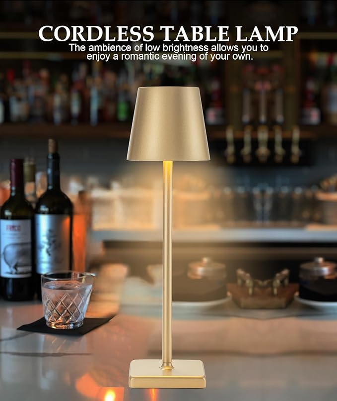 HASUN Gold Cordless Table Lamp, Aluminum Shell LED Rechargeable Desk Lamp, 3W 5200mAh Battery Operated Table Light, 3 Color Stepless Dimming Up Waterproof for Living Room/Indoor/Outdoor (Gold)