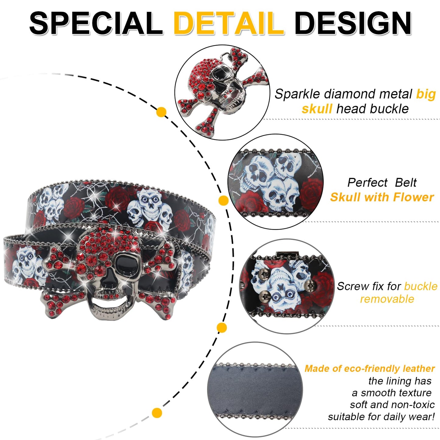 EVERBLTING Skull Rhinestone Belt for Men Women Y2k Cowgirl Cowboy Bling Belt Diamond Belts for Women for Jeans 125