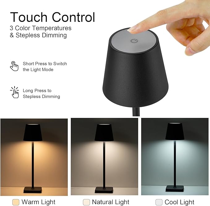 2 Pack Rechargeable Cordless Table Lamps, 5200mAh Battery Touch Table Light, Aluminum Shell Stepless Dimmable Portable LED Desk Lamp for Dinner/Restaurant/Outdoor Black