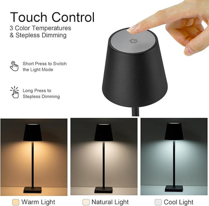 2 Pack Rechargeable Cordless Table Lamps, 5200mAh Battery Touch Table Light, Aluminum Shell Stepless Dimmable Portable LED Desk Lamp for Dinner/Restaurant/Outdoor Black
