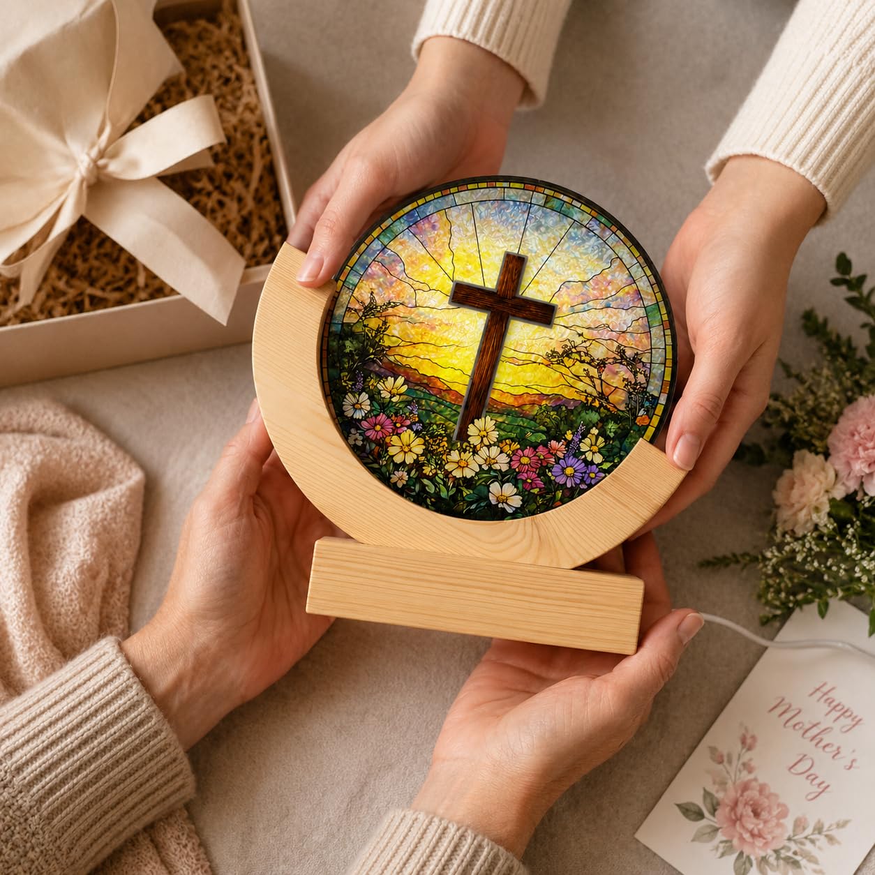 Christian Cross Stained Glass Night Light – Warm LED Glow, USB Powered, Solid Acrylic Plate with Wooden Base – Religious Home Decor Gift for Mom, Women, Christians, Easter, Christmas, Mother's Day
