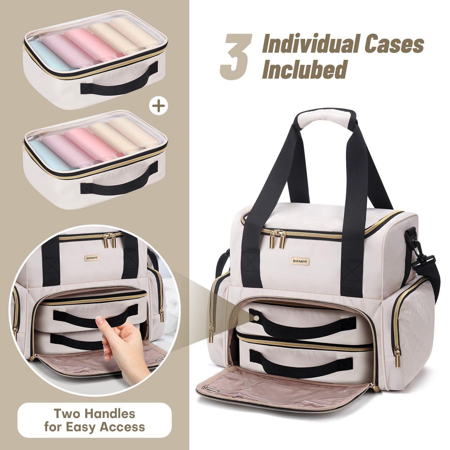 BAFAMYE Large Makeup Cosmetic Bag with 2 Removable Case, Double Layer Travel Makeup Organizer Case, travel Toiletry Bag For Women