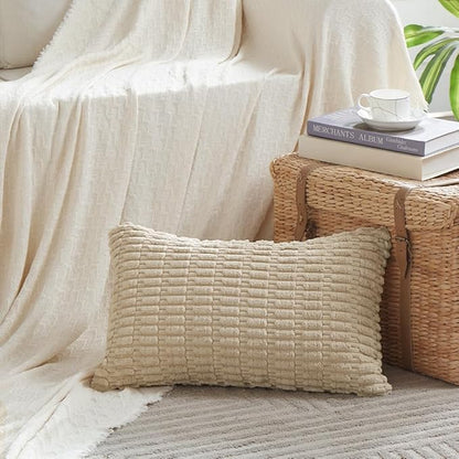 Fancy Homi Tan Lumbar Decorative Throw Pillow Covers 14x24 Inch for Living Room Couch Bed Sofa, Rustic Farmhouse Boho Home Decor, Soft Striped Corduroy Rectangle Cushion Case 35x60 cm