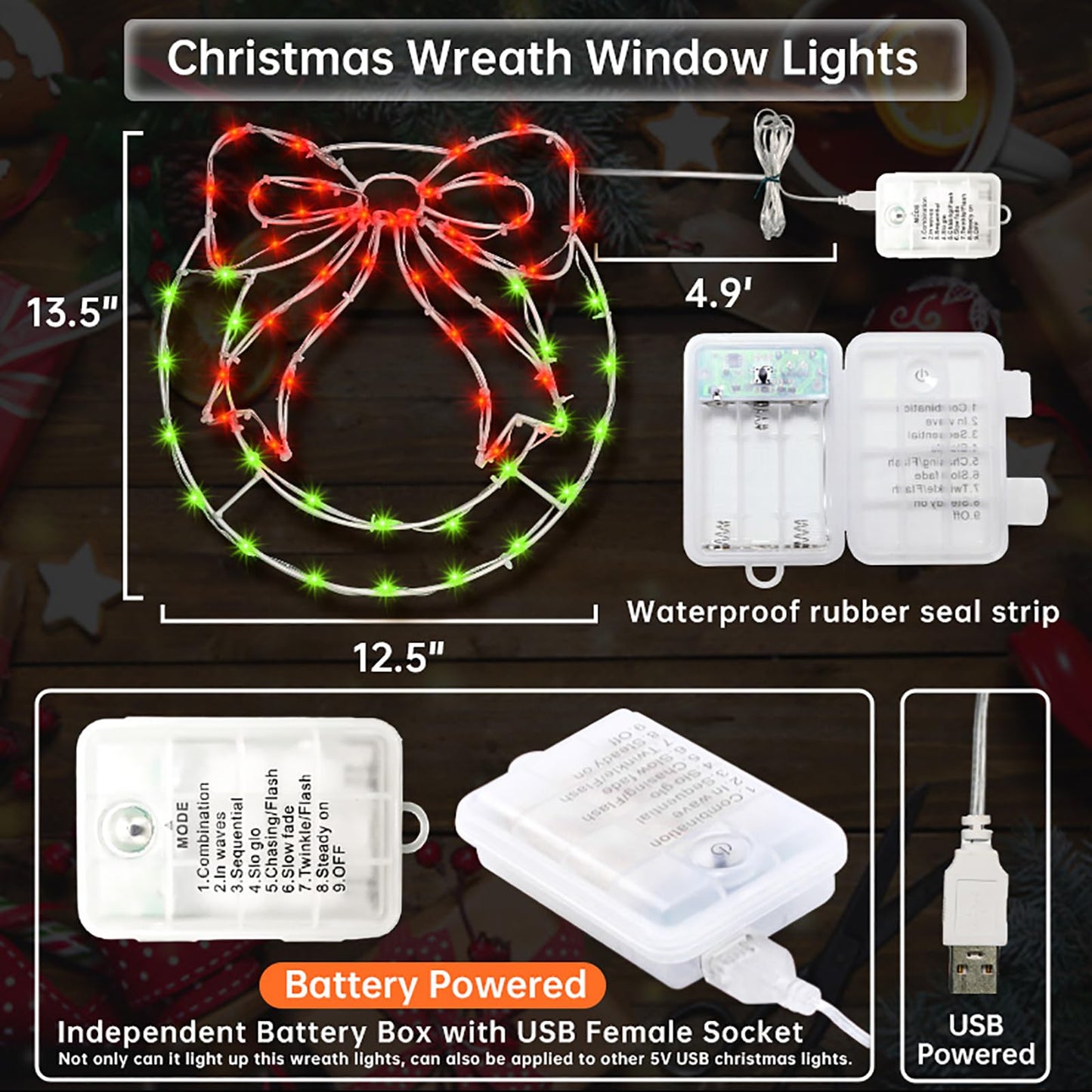 Christmas Wreath Window Silhouette Lights - 12.5" x 13.5" Bright LED Christmas Wreath with Bow, 8 Modes USB Powered / Battery Operated Window Lights for Wall Door Home Party Decor, Red and Green
