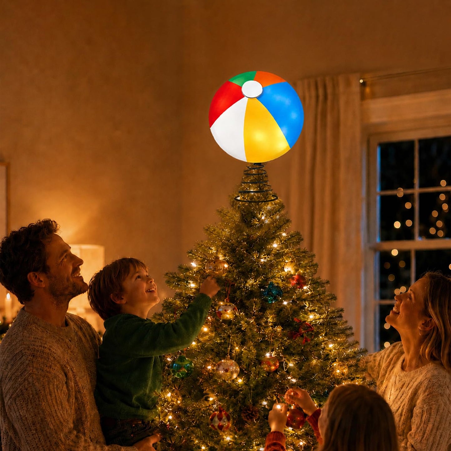 APUDWN 10 x 6.5 Inch Wood Beach Ball Tree Topper with LED Lights, Christmas in July Summer Tree Decorations for Tropical Pool Party Hawaiian Theme Battery Powered Beach Ball Holiday Decor