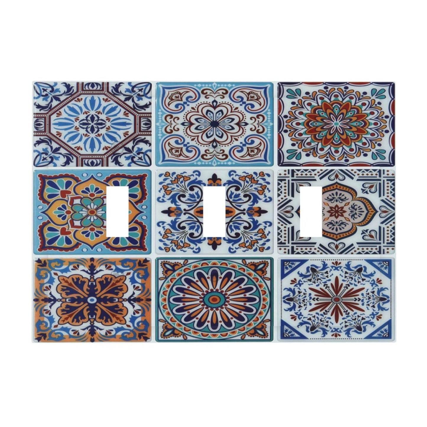 Spshian Decorative Switch Plate Covers Mexican Talavera Tile 3 Gang Light Switch Cover Blue Moroccan Style Pattern Triple Toggle Wall Plate Electrical Faceplate for Bathroom Home Kitchen Bedroom Decor