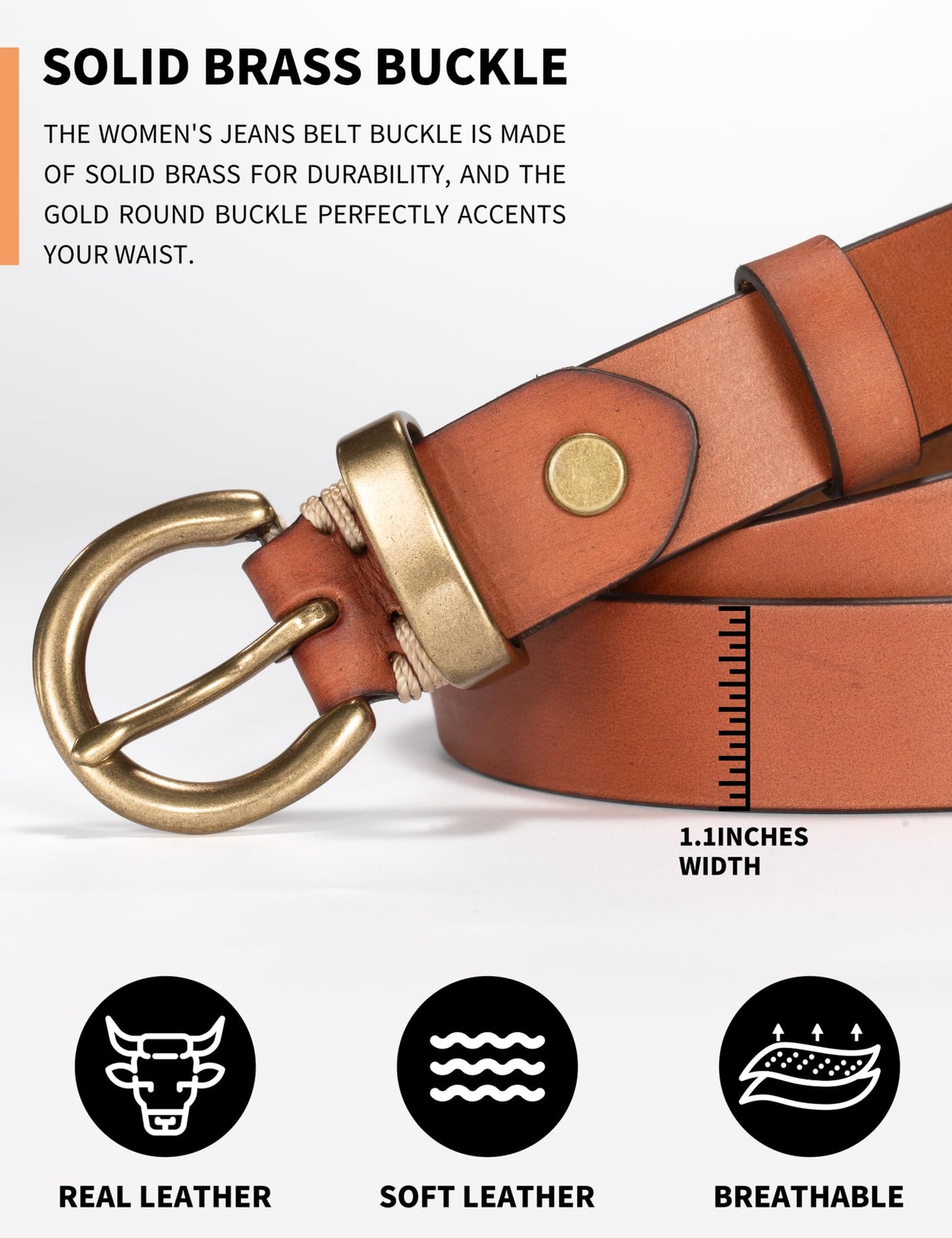 TYWestyles Womens Belt for Jeans Genuine Leather Belt Vintage Solid Brass Circle buckle Gift Box Packaging