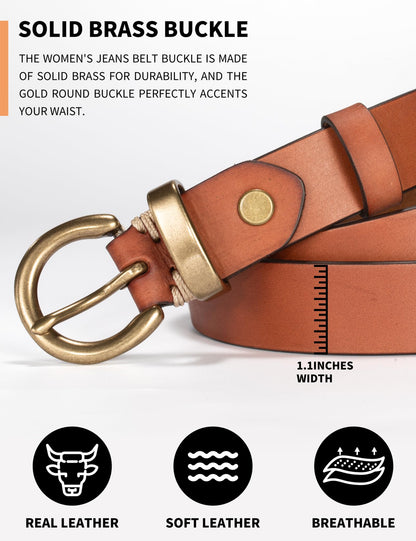 TYWestyles Womens Belt for Jeans Genuine Leather Belt Vintage Solid Brass Circle buckle Gift Box Packaging