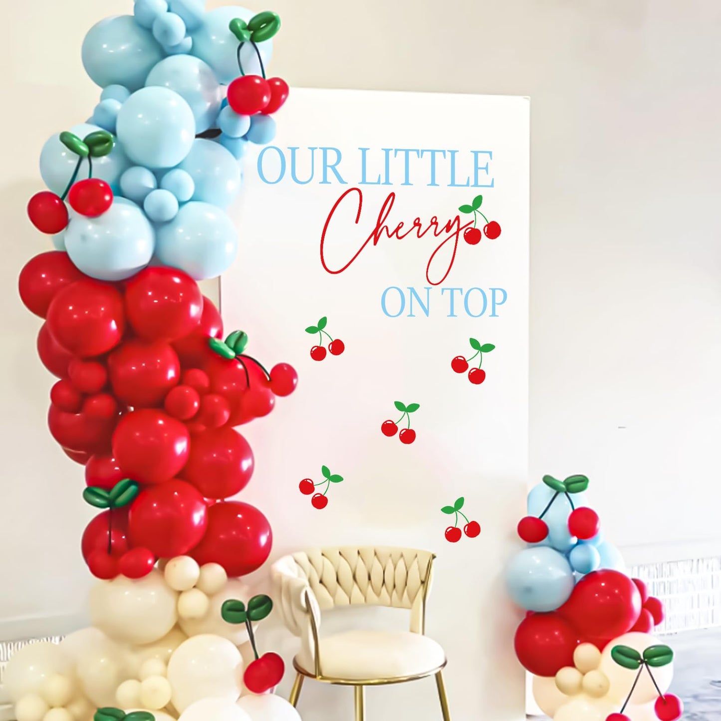 FYSUIMU Our Little Cherry On Top Decal Cherries Backdrop Decorations Party Stickers Red Blue Welcome Sign Decal for Balloon Arch Wedding Baby Shower Birthday