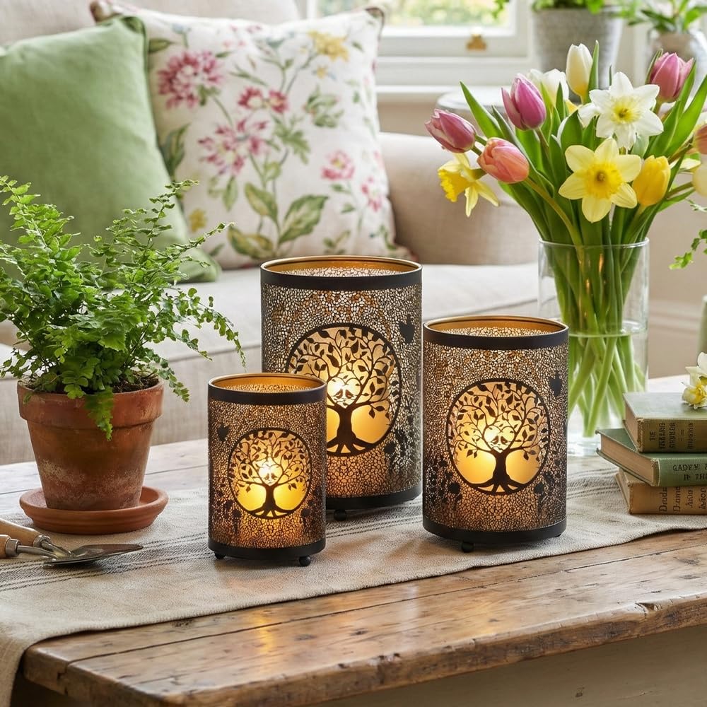 TRIROCKS Tree of Life Candle Lantern 7.5" H Etched Bronze Metal Candle Holder Decorations for Living Room Tabletop Parties Patio Entryway Indoors Outdoors(3PCS)