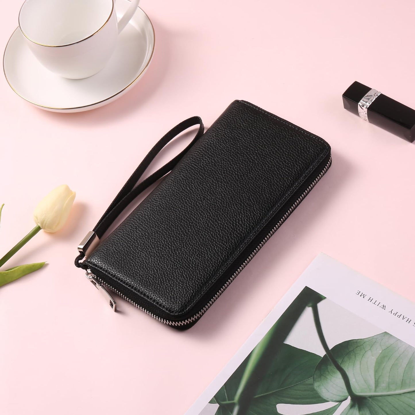 GOIACII Womens Wallet RFID Blocking Leather Zip Around Wallet Large Capacity Long Purse Credit Card Clutch Wristlet