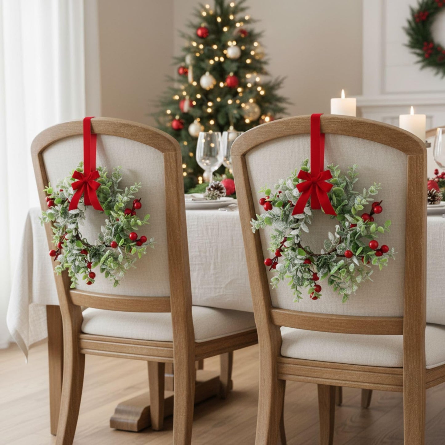 WILLBOND 4 Pieces 9.5" Mini Christmas Wreaths for Kitchen Cabinet Small Christmas Candle Rings Red Berries Wreath Pillar Candle Rings Xmas Hanging Garlands for Front Door Fireplace Window Decor