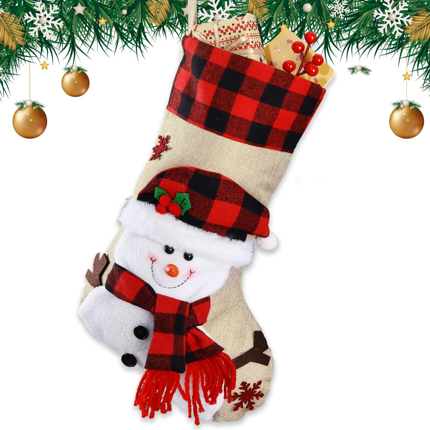 Bemaystar Christmas Stockings - 18.5" Burlap Plaid Christmas Stocking Xmas Hanging Stockings Holiday for Kids Christmas Tree Fireplace Family Party Decor - Snowman