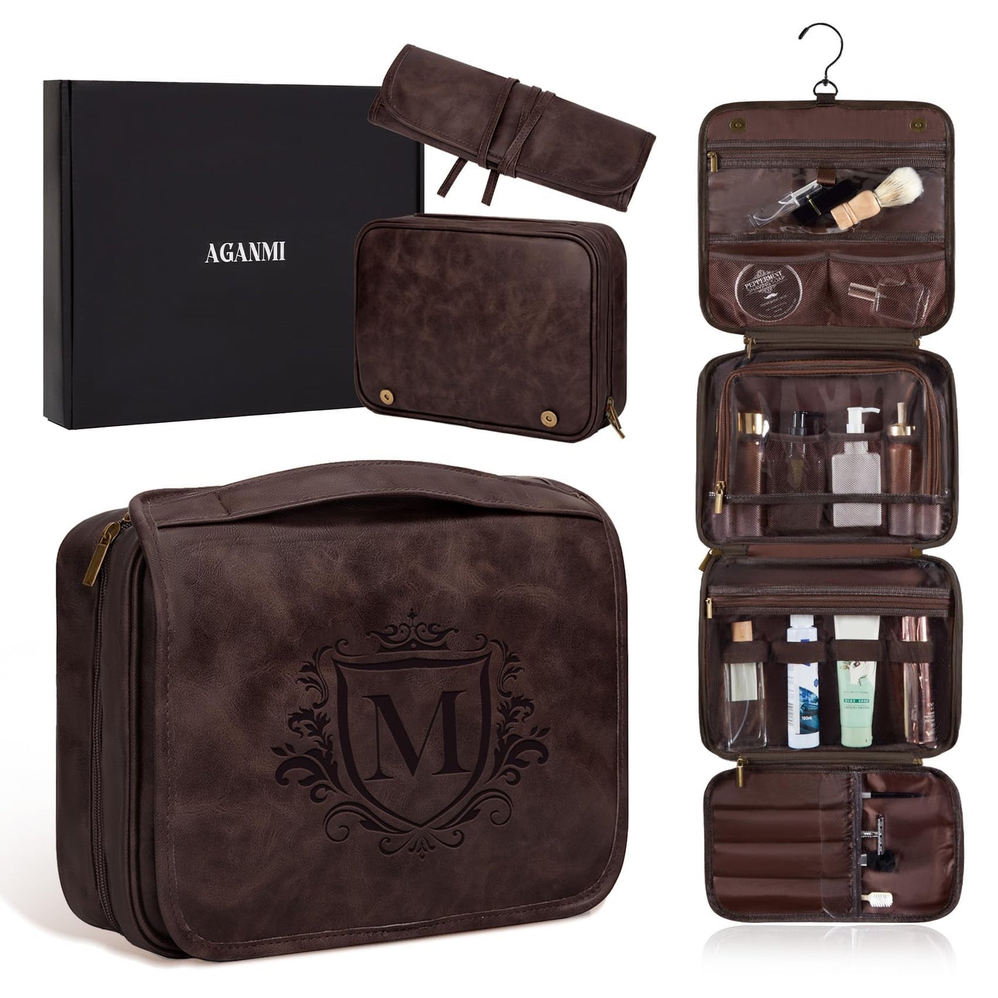Aganmi Personalized Hanging Toiletry Bag Travel Gifts for Men Him, 3-in-1 Large Laser-Engraved Initial Waterproof PU Leather Shaving Bag Valentines Birthday Gift for Men Dad Husband Dark Brown M