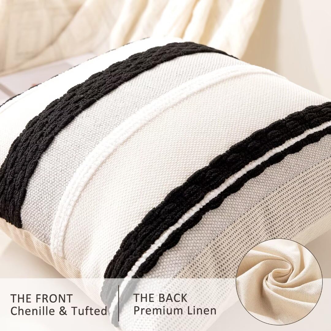 WANLIRD Boho Throw Pillow Covers 18x18 Set of 2 Farmhouse Decorative Cushion Case Striped Square Pillows Cover Chenille Pillow Cases Accent Neutral Pillowcase for Sofa Couch Bed,Black and White