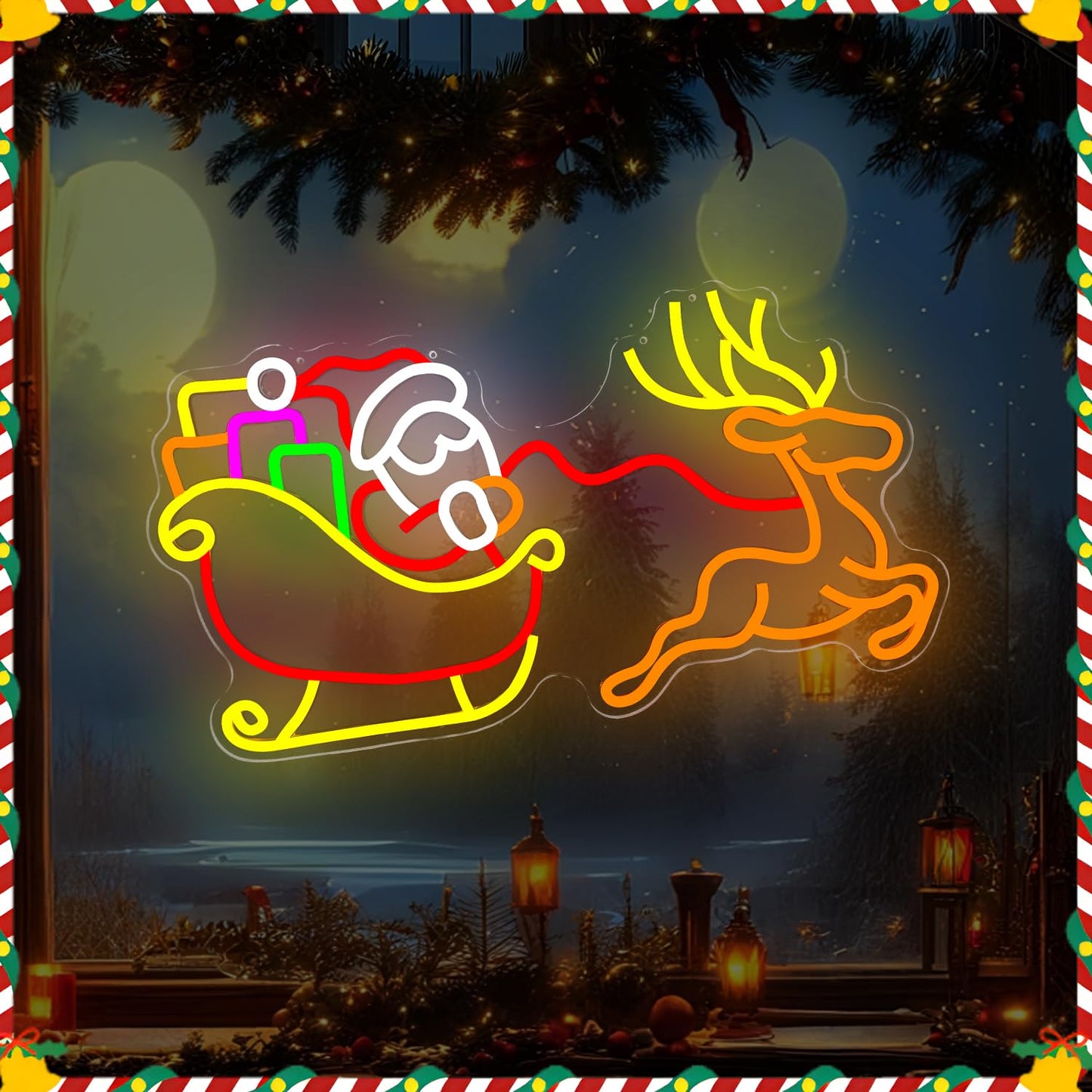 hhuohuona Large Santa With Sleigh and Reindeer Neon Sign Dimmable Neon Christmas Sign Lighted Reindeer Sleigh Santa Led Signs for Wall Xmas Decorations (21.18 * 11.61 In)