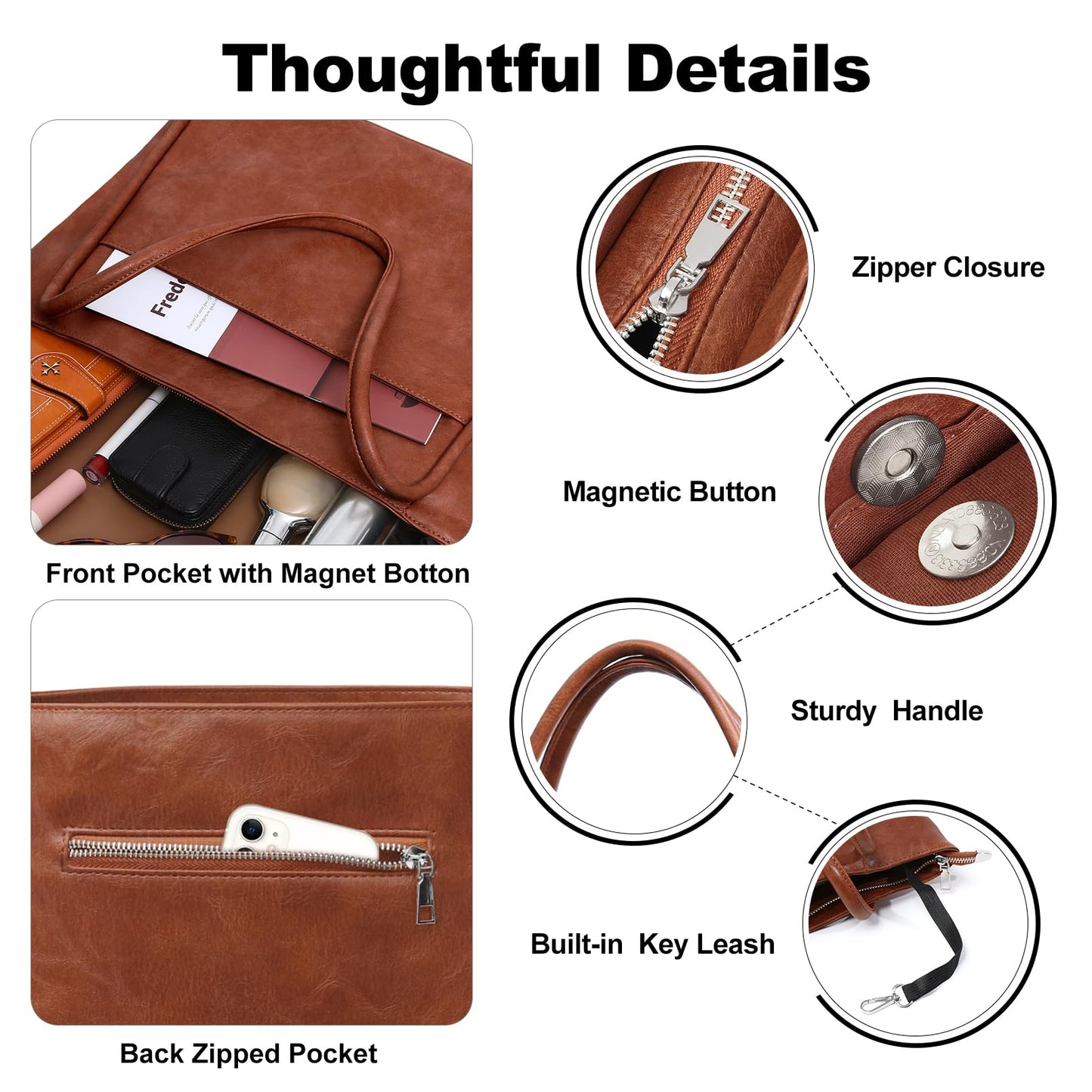 Utenwat Large Tote Bag for Women Work with Zipper 16L Vegan Leather Ladies Travel Purses and Handbags Brown