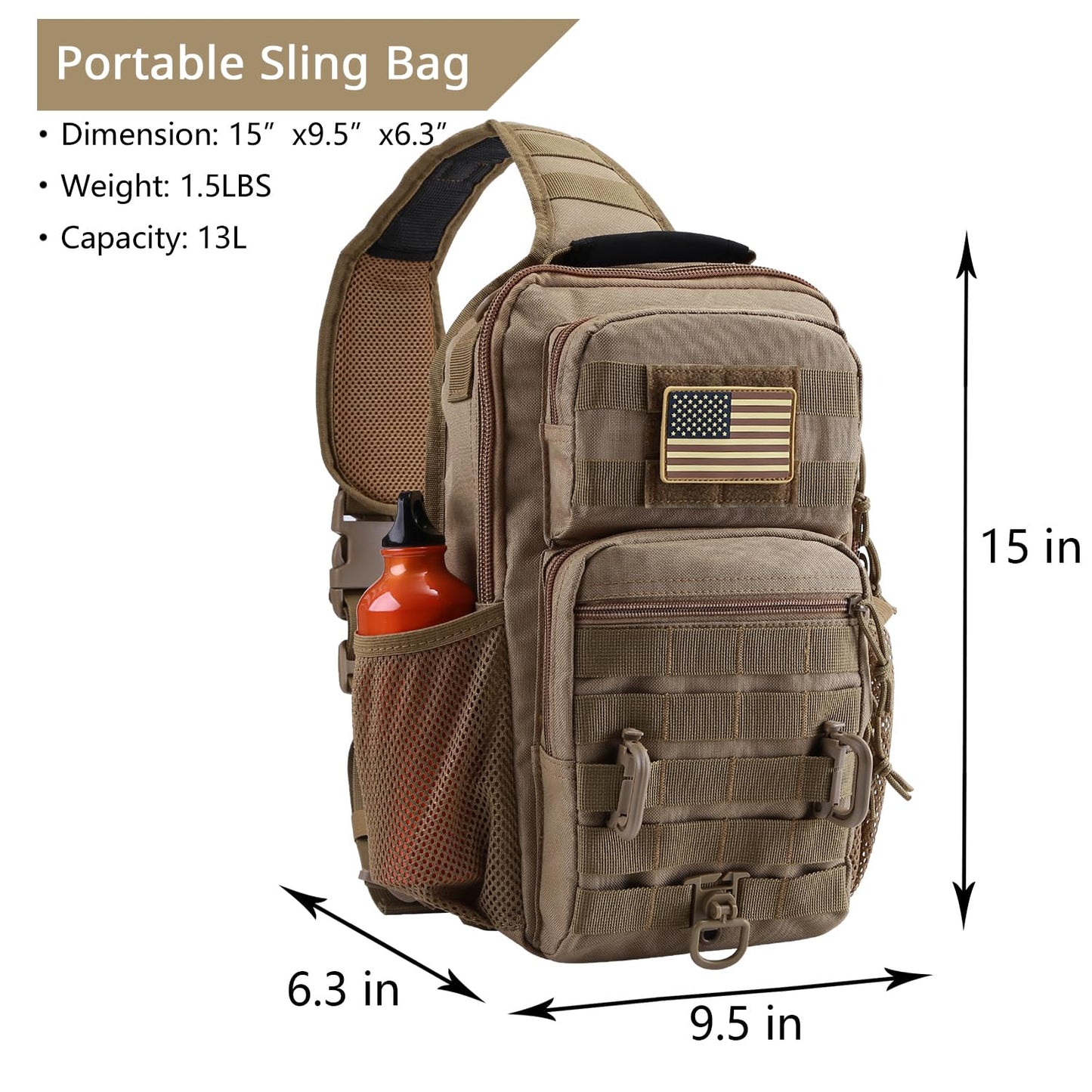 Rover Sling Pack Tactical Shoulder Sling Bag Backpack with Bottle Holder Crossbody Chest Bag, Coyote