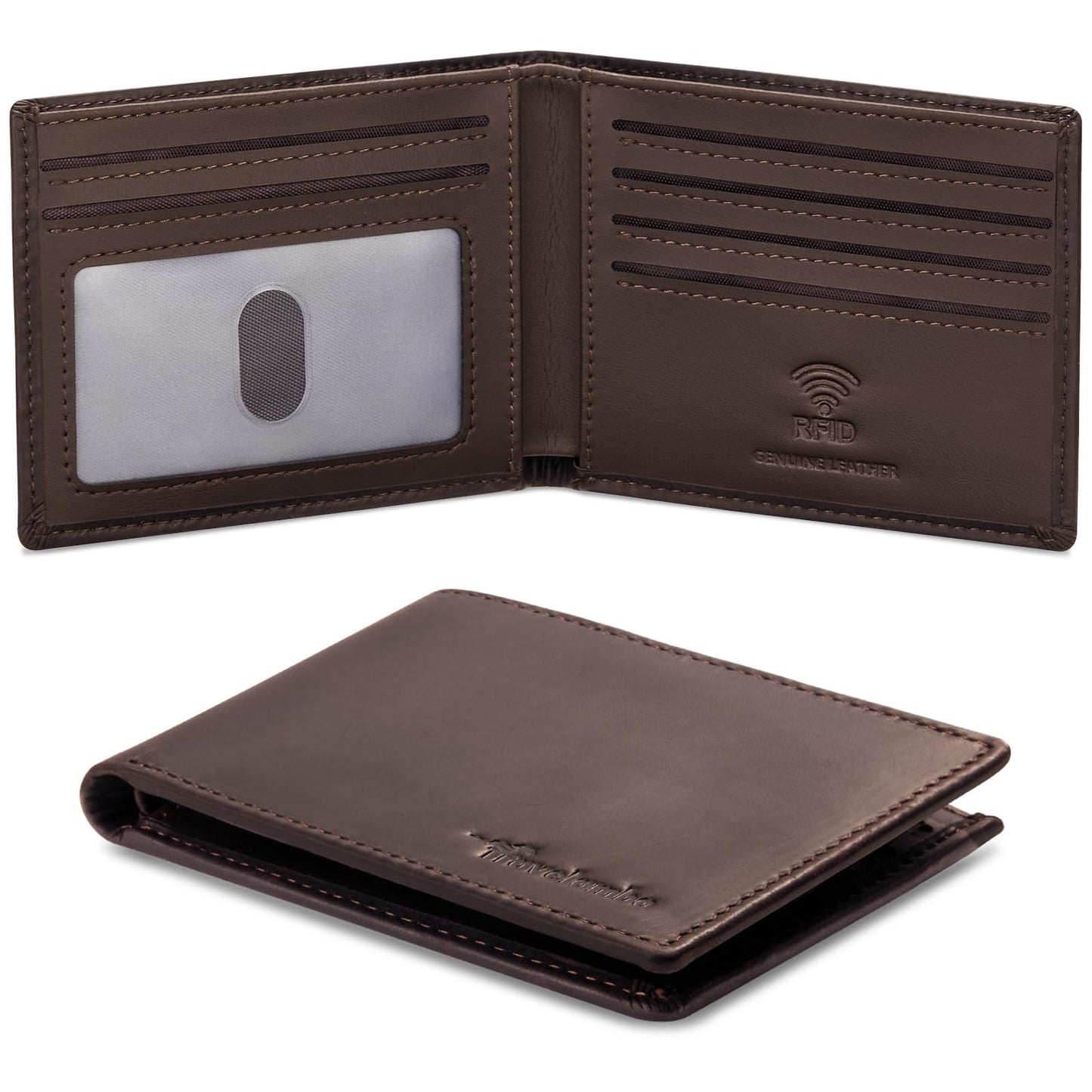 Travelambo Wallet for Men Real Leather Mens Bifold Wallet RFID Blocking - Thin & Stylish with ID Window in Gift Box (Crazy Horse, Brown)