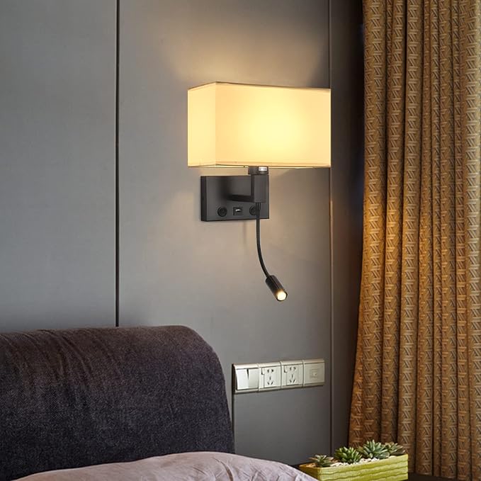 Black Wall Sconces, Hardwired Wall Lamp with USB Port and Reading Lamp, Fabric Shade Bedside Wall Lights with Reading Lamp for Bedroom Living Room Hotels Corridors (Black)