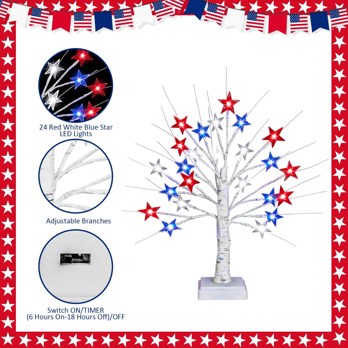 18" 4th of July Patriotic Decorations Tree with 24 LED Red White Blue Star Lights, Independence Day Lighted Tree for Home Party Festival Mantel Centerpiece Decor