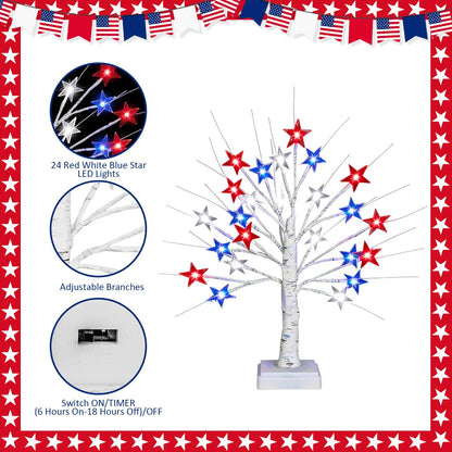 18" 4th of July Patriotic Decorations Tree with 24 LED Red White Blue Star Lights, Independence Day Lighted Tree for Home Party Festival Mantel Centerpiece Decor
