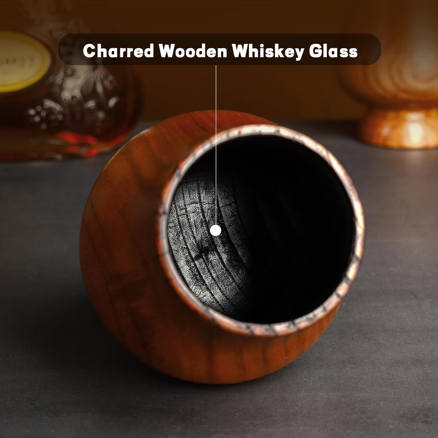 CRAKTH Charred Wooden Whiskey Glass Cup, Old Fashioned Wooden Bourbon Drinking Glass, Whiskey Bourbon Gifts Accessories for Men Dad