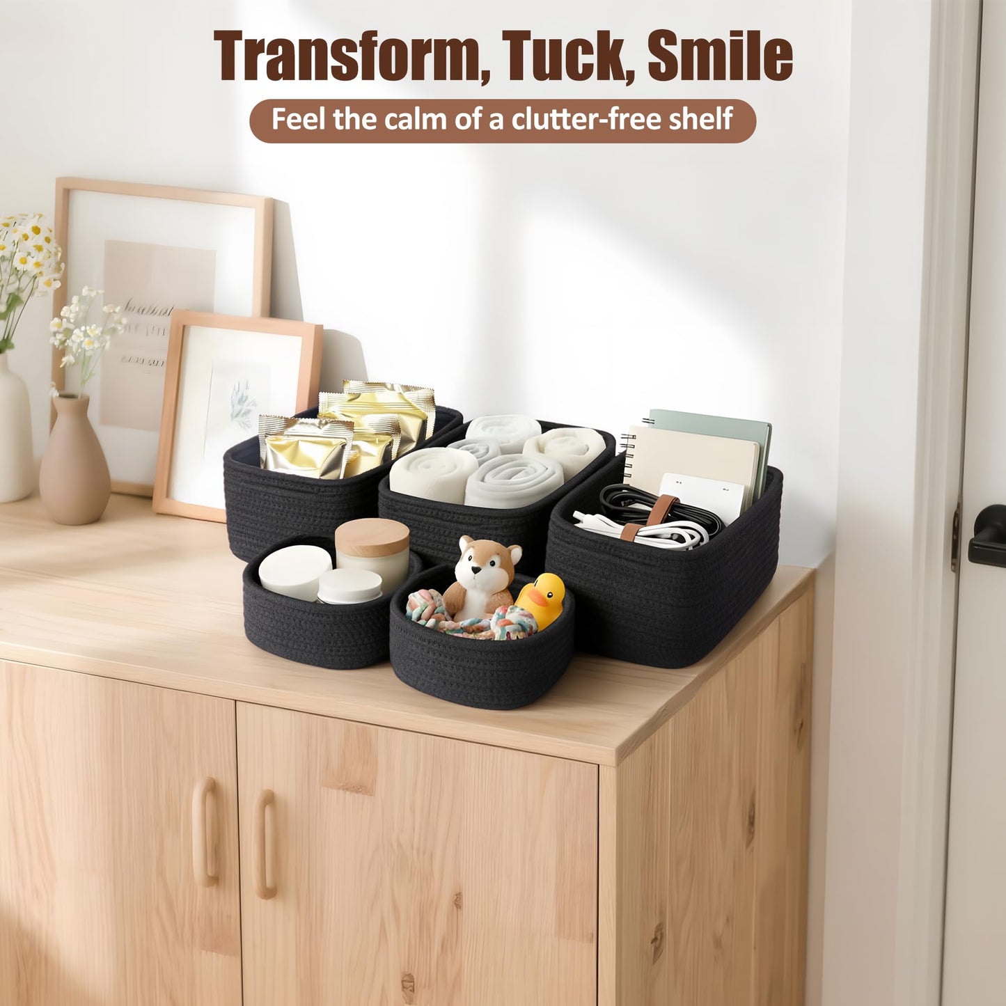 VIRETH HAUS 5-Pack Small Woven Rope Storage Baskets – 2 Sizes Organizer Bins for Closet, Shelf, Bookshelf, Nursery, Changing Table, Fabric Cube Boxes, Rectangular Shallow Bins for Bathroom, Toy & Home