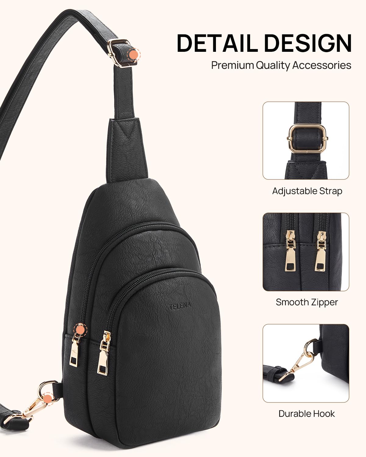 Telena Crossbody Bags for Women Leather Sling Bag for Woman Travel Black